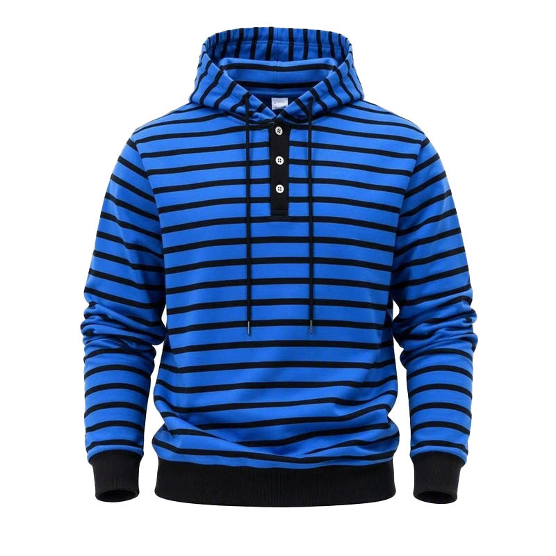 Herren Gestreifter Kapuzenpullover mit Henley‑Knopfleiste, Kordelzug und Rippbündchen Drune