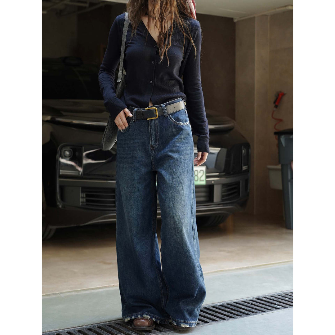 Damen Weite Vintage-Denim Jeans mit hohem Bund und ausgefranstem Saum Drune