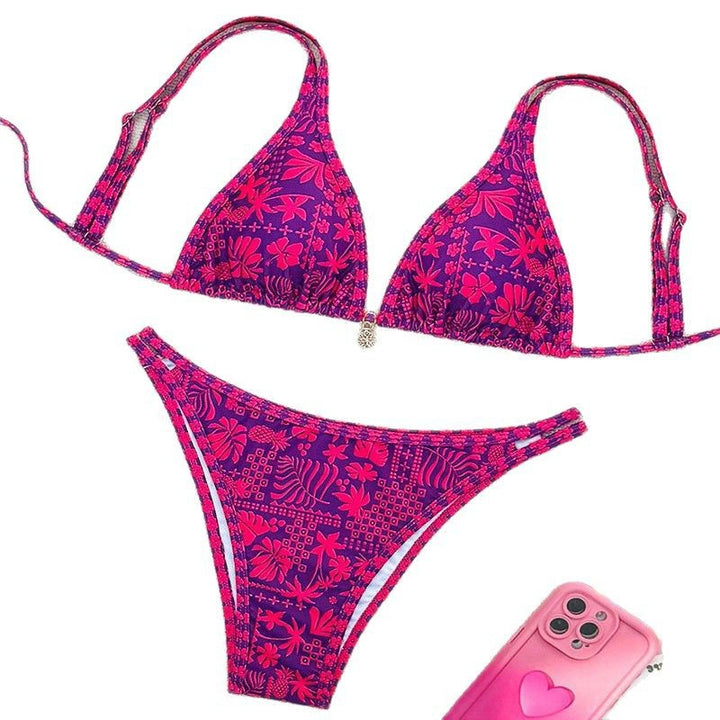 Damen Triangel-Bikini mit floralem Muster und elegantem Schmuckdetail Drune