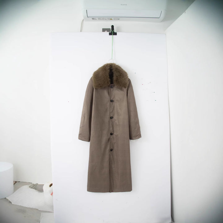 Damen Langer Glencheck-Mantel mit voluminösem Faux-Fur-Kragen und geradem Schnitt Drune