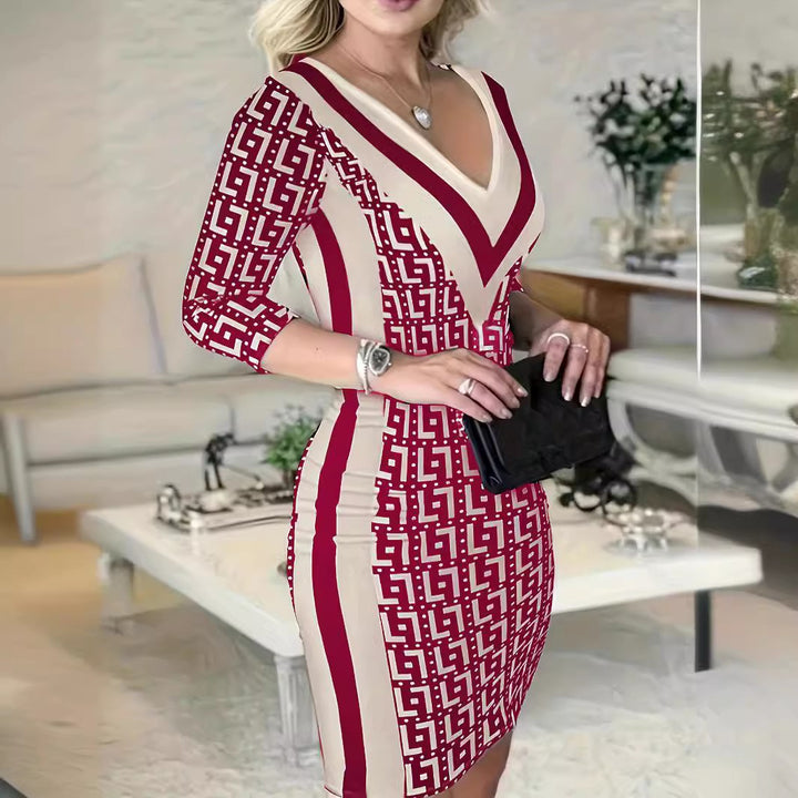Damen Figurbetontes Etui-Kleid mit tiefem V-Ausschnitt und Dreiviertelärmeln Drune