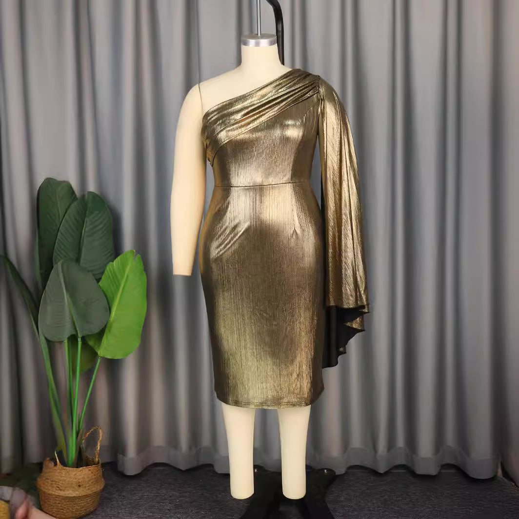 Damen Glamouröses One-Shoulder Abendkleid mit schimmerndem Stoff Drune