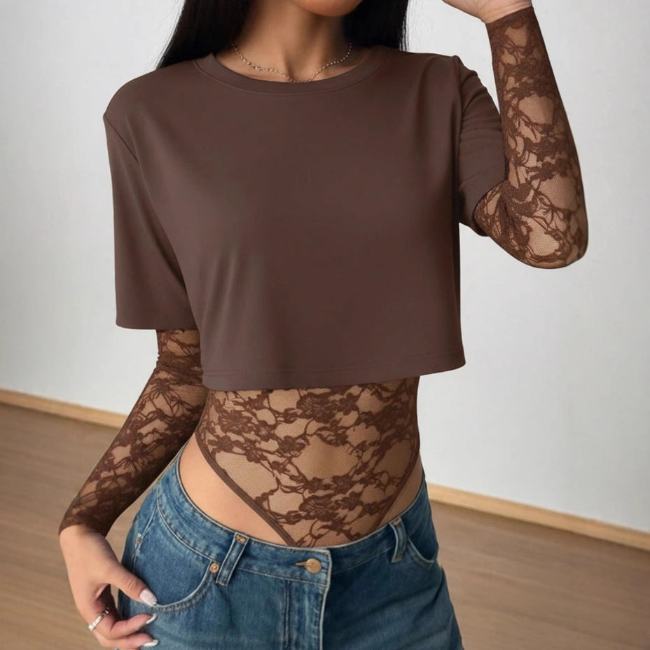 Damen Kurzschnitt-Shirt mit transparentem Spitzen-Bodysuit-Overlay Drune