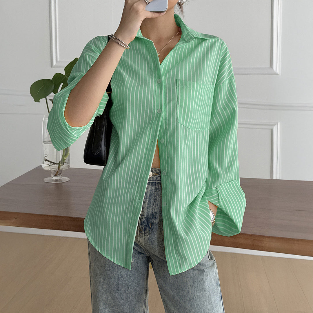 Damen nan oversized Hemdbluse mit kastigem Schnitt, Brusttasche und abgerundetem Saum Drune