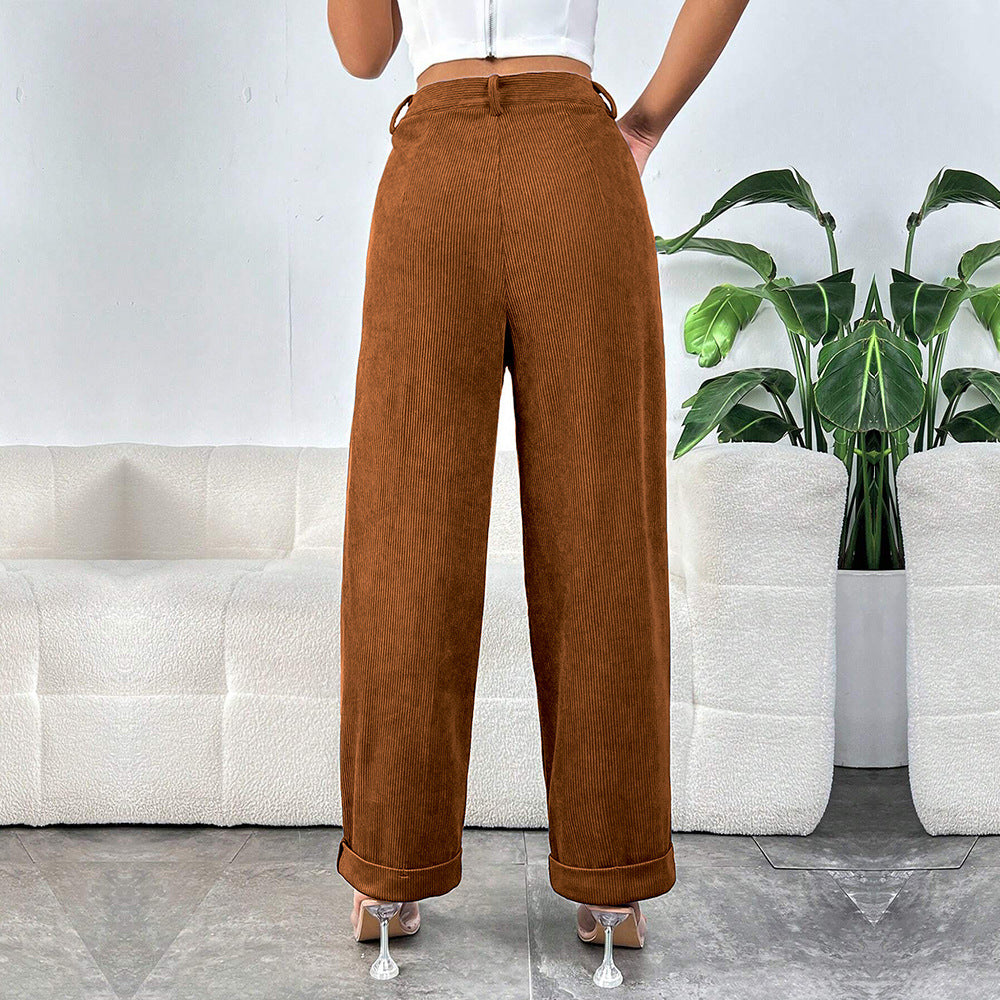 Damen hochgeschnittene Cordhose mit weitem Bein, Bundfalten und umgeschlagenem Saum Drune