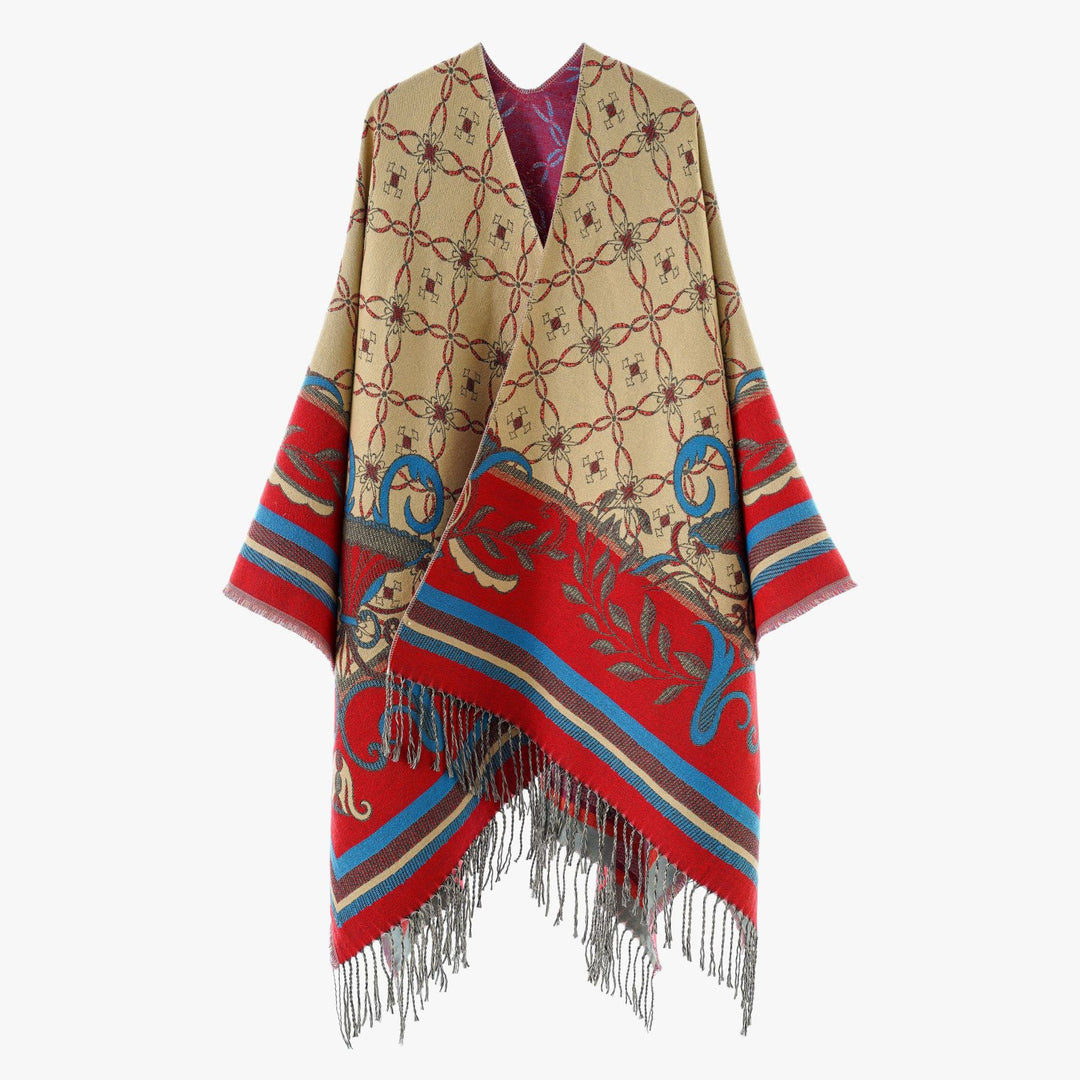 Damen Jacquard‑Gewebter Fransenponcho im Tapisserie‑Look Drune