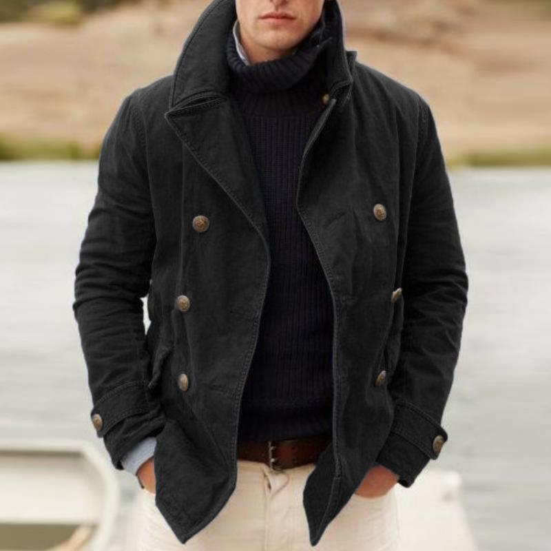 Herren Doppelreihiger Baumwoll-Peacoat mit Marineknöpfen und Stehkragen Drune