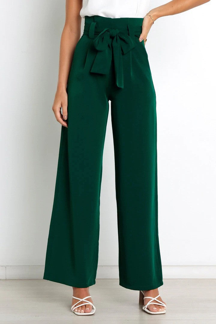 Damen Weite High-Waist Paperbag-Hose mit Bundfalten und Bindegürtel Drune