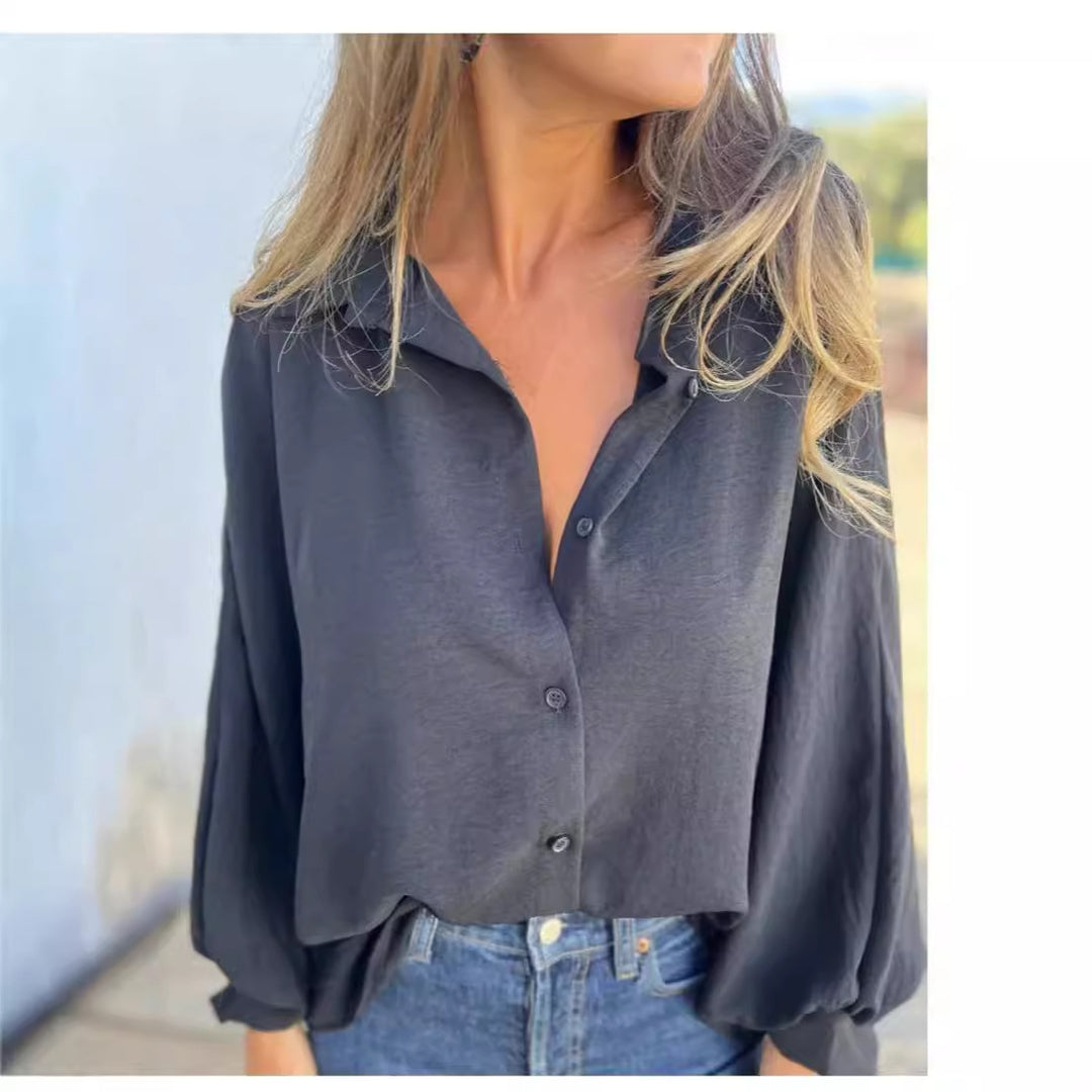Damen Locker geschnittene Viskose-Hemdbluse mit Oversize-Schnitt und Ballonärmeln Drune