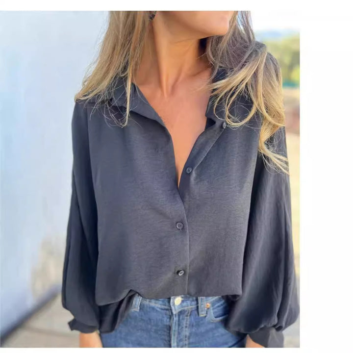 Damen Locker geschnittene Viskose-Hemdbluse mit Oversize-Schnitt und Ballonärmeln Drune