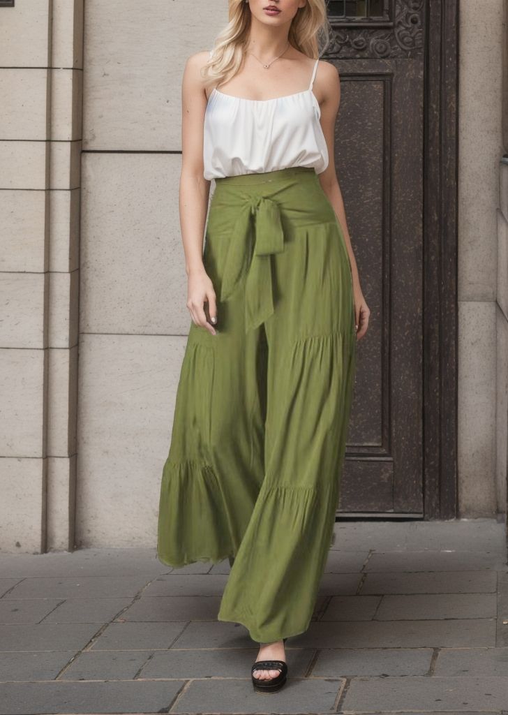 Damen weite Palazzo-Hose mit hochsitztendem Bund und Taillengürtel Drune
