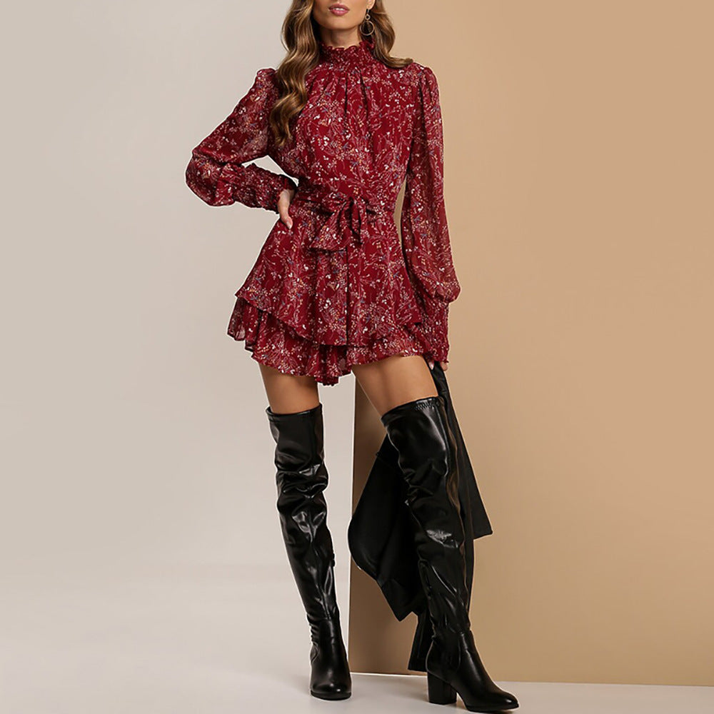 Damen Mini-Kleid mit floralen Details und Schleifenbund Drune