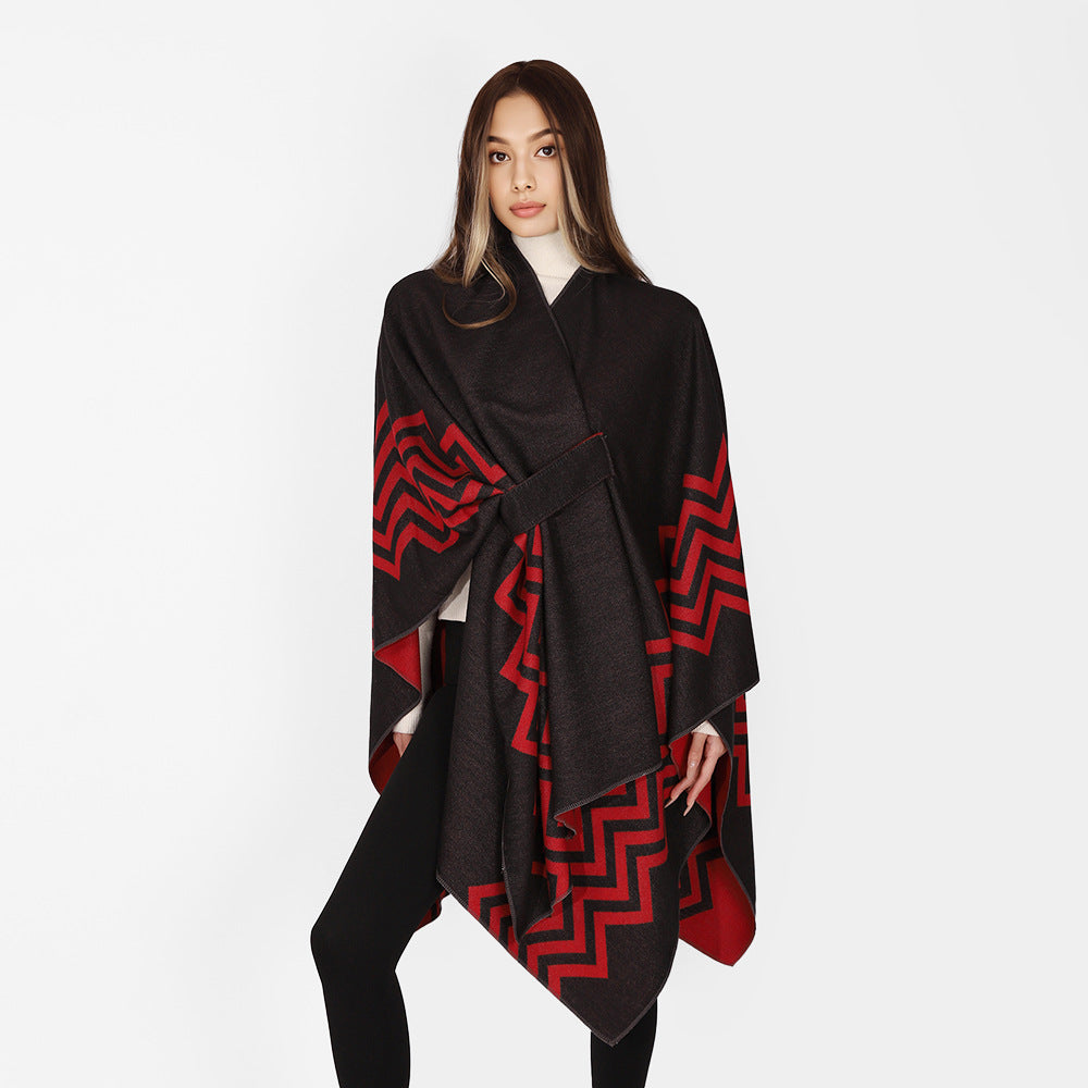 Damen Wollmix-Capeponcho mit Bindegürtel und grafischem Zickzackmuster Drune