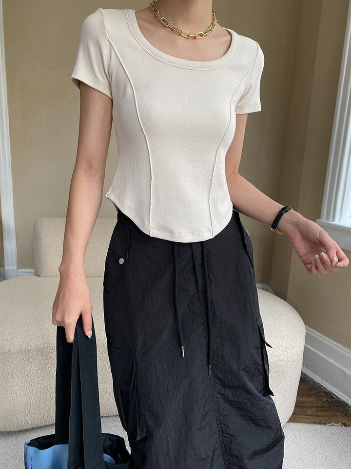 Damen figurbetontes Ripp-T-Shirt mit Rundhalsausschnitt Drune