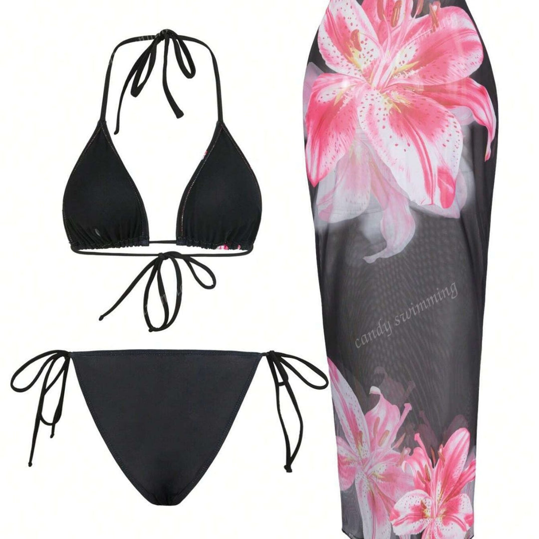 Damen Triangel-Bikini-Set mit floralen Mustern und transparentem Maxirock Drune