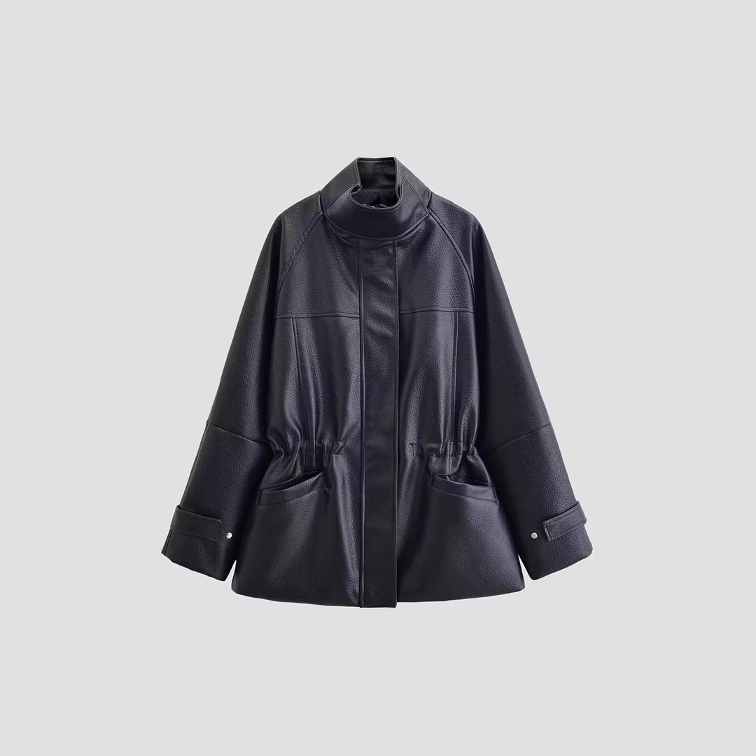 Damen Oversized Jacke in Lederoptik mit Stehkragen und Taillenkordel Drune