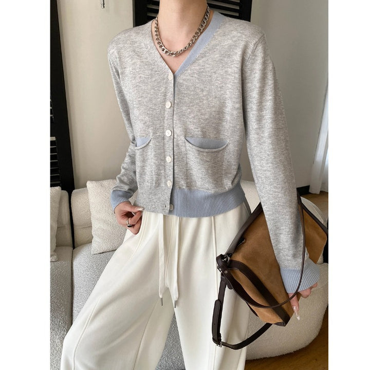 Damen feine Strickjacke mit V-Ausschnitt und praktischen Taschen Drune