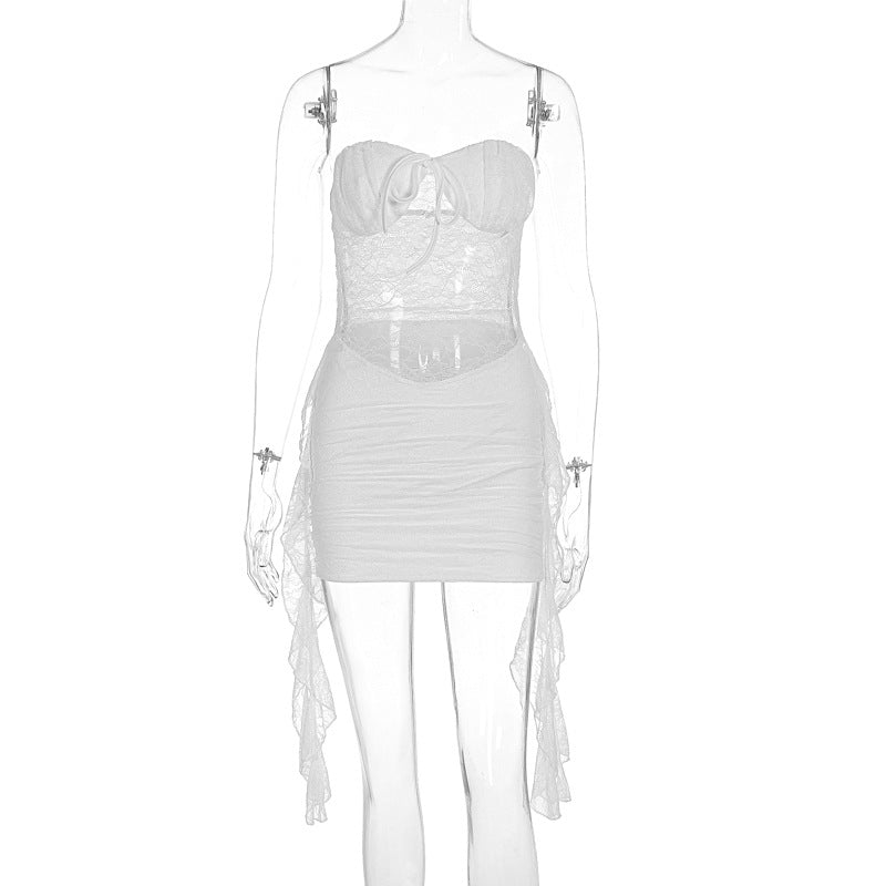 Damen sexy Minikleid mit Spitzenoberteil und verspieltem Saum Drune