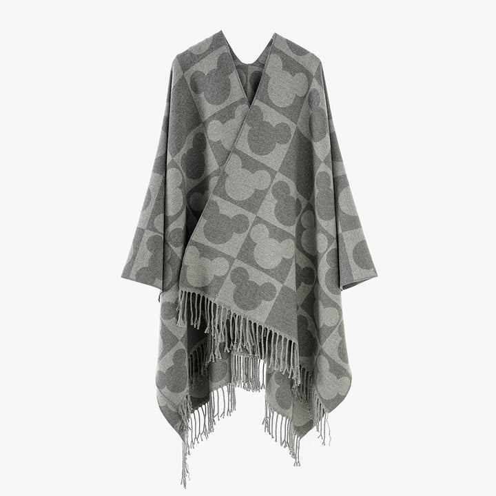 Damen Oversize-Poncho mit Fransen und figurativem Jacquardmuster aus Wollmix Drune