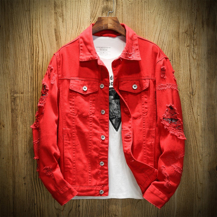 Unisex nan zerrissene Jeansjacke mit weitem Schnitt und aufgesetzten Brusttaschen Drune