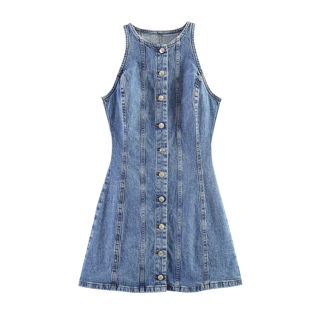 Damen Jeanskleid mit geflochtenem Knoten und durchgehender Knopfleiste Drune