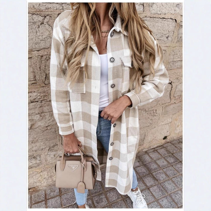 Damen Oversized Karo-Hemdjacke mit praktischen Taschen und Knopfdetails Drune