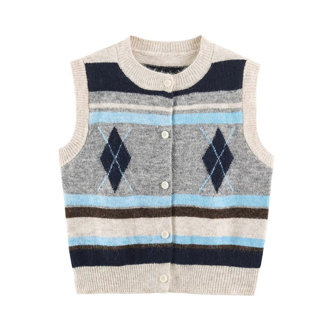 Damen Ärmellose Argyle-Strickweste mit durchgehender Knopfleiste und geripptem Saum Drune