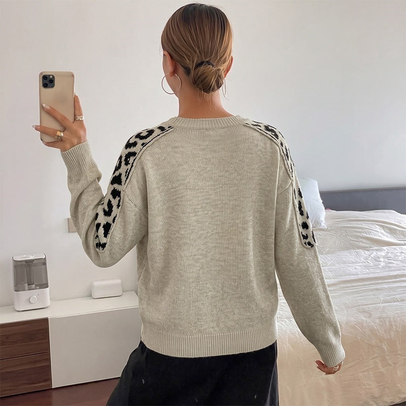 Damen Oversize Strickpullover mit Leo-Jacquard-Schultereinsätzen Drune