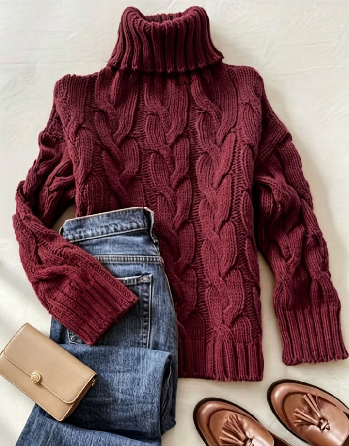 Damen Grobstrick-Rollkragenpullover mit markanten Zopfmustern und gerippten Bündchen Drune