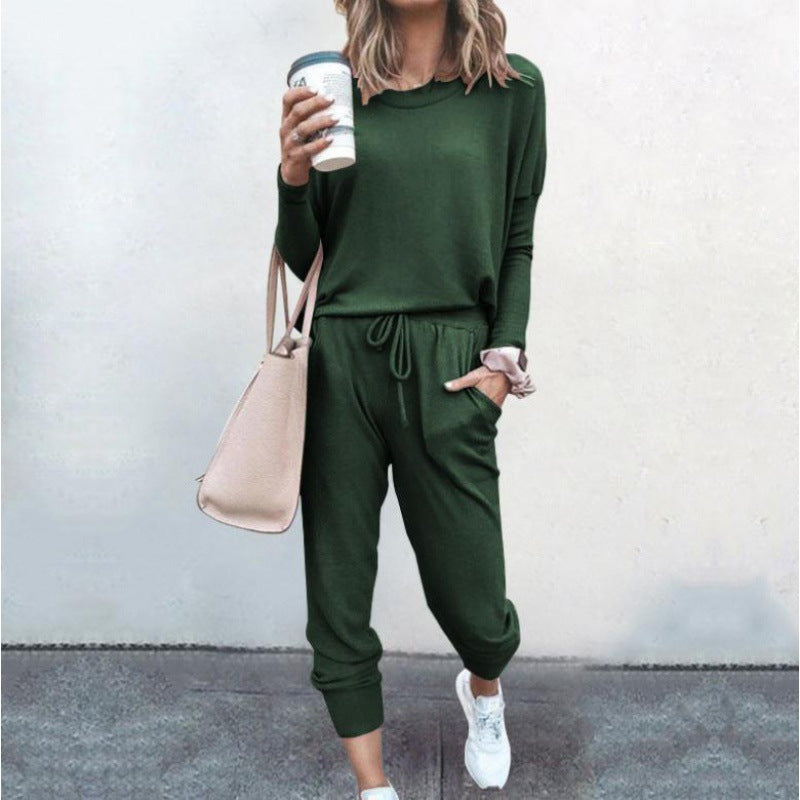 Damen Lässiges Lounge-Set mit Rundhalsausschnitt, Kordelzug-Hose und Bündchen Drune