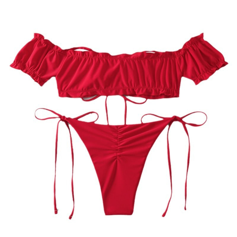 Damen Bandeau Bikini mit puffärmeliger Oberteil Drune