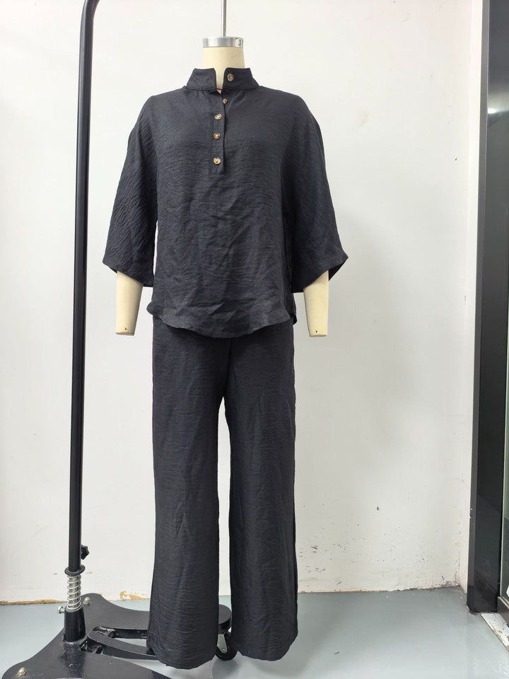 Damen Lockeres Leinenoptik-Zweiteiler mit Stehkragenbluse und weitem Palazzo-Hose Drune