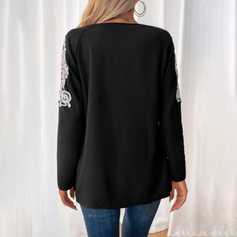 Damen Lässiges Longsleeve-Tunika-Shirt mit V‑Reißverschluss und Spitzenapplikation Drune