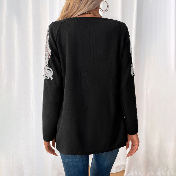 Damen Lässiges Longsleeve-Tunika-Shirt mit V‑Reißverschluss und Spitzenapplikation Drune