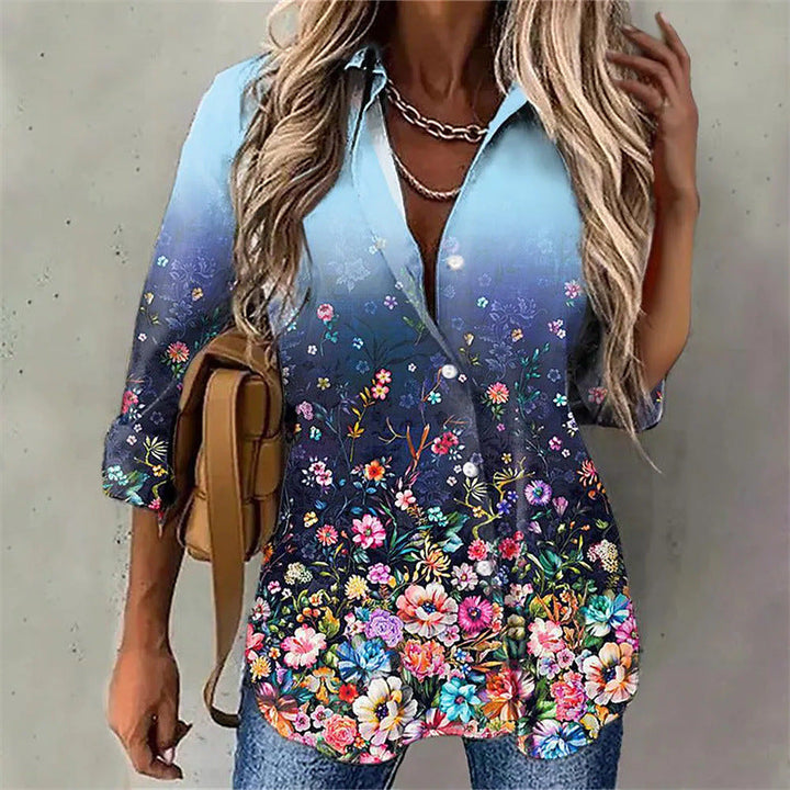 Damen Elegante Bluse mit floralem Design und Ombre-Effekt Drune