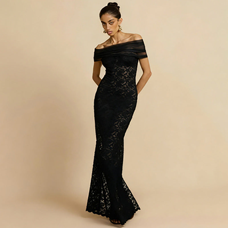 Damen Elegantes Spitzenabendkleid mit schulterfreiem Design und raffiniertem Schlitz Drune