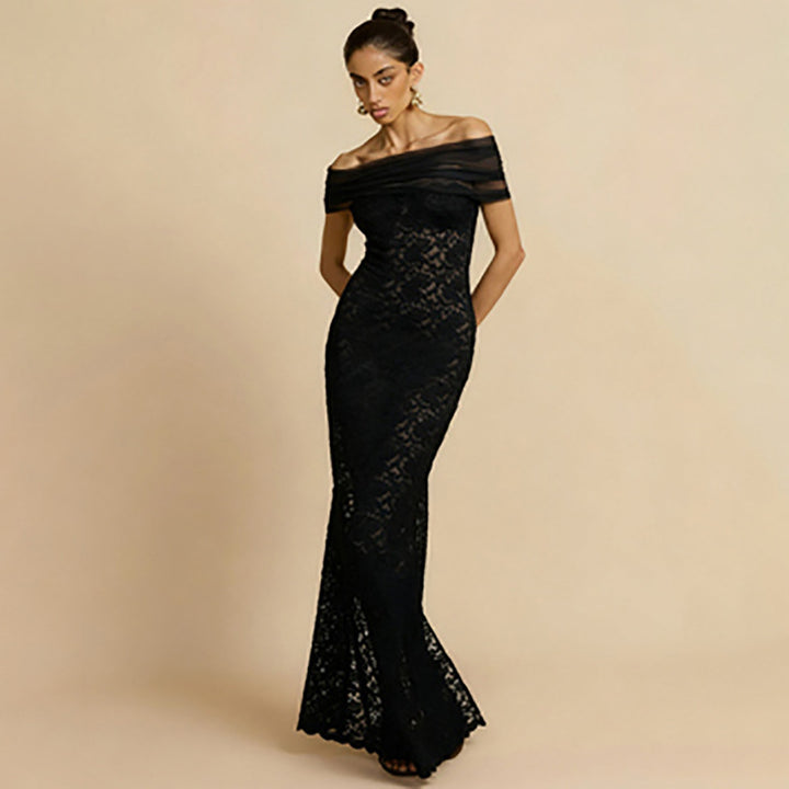 Damen Elegantes Spitzenabendkleid mit schulterfreiem Design und raffiniertem Schlitz Drune