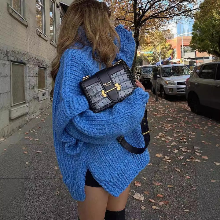 Damen Oversize Grobstrickpullover mit hohem Rollkragen Drune
