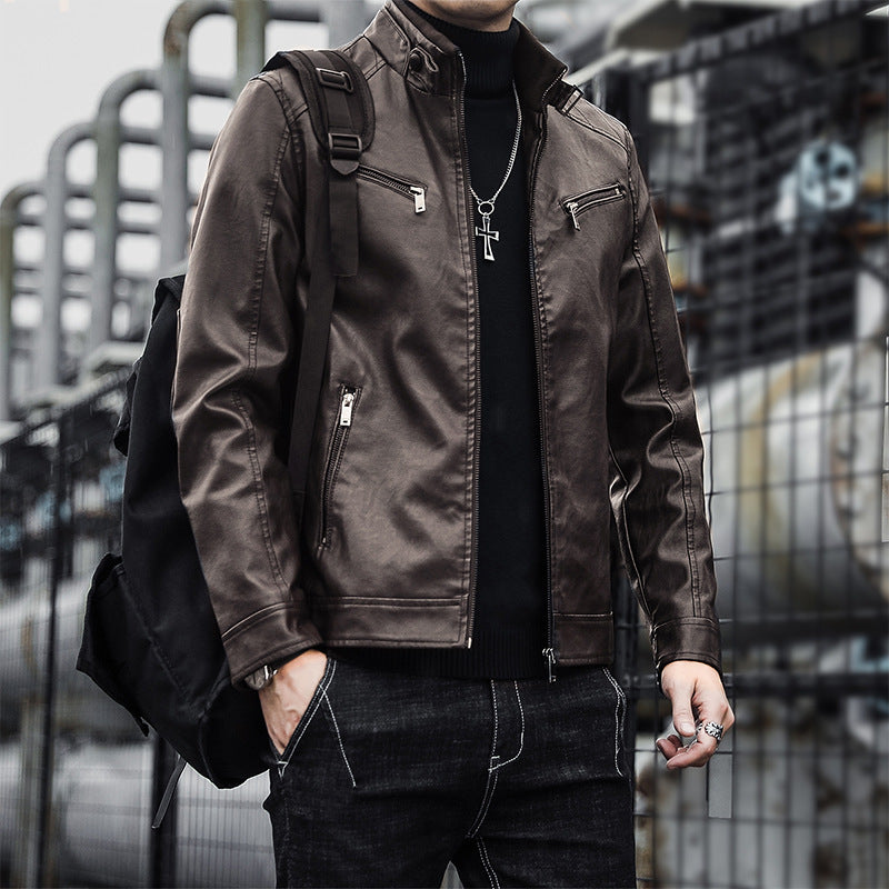 Herren Modische Kunstlederjacke mit warmem Innenfutter Drune