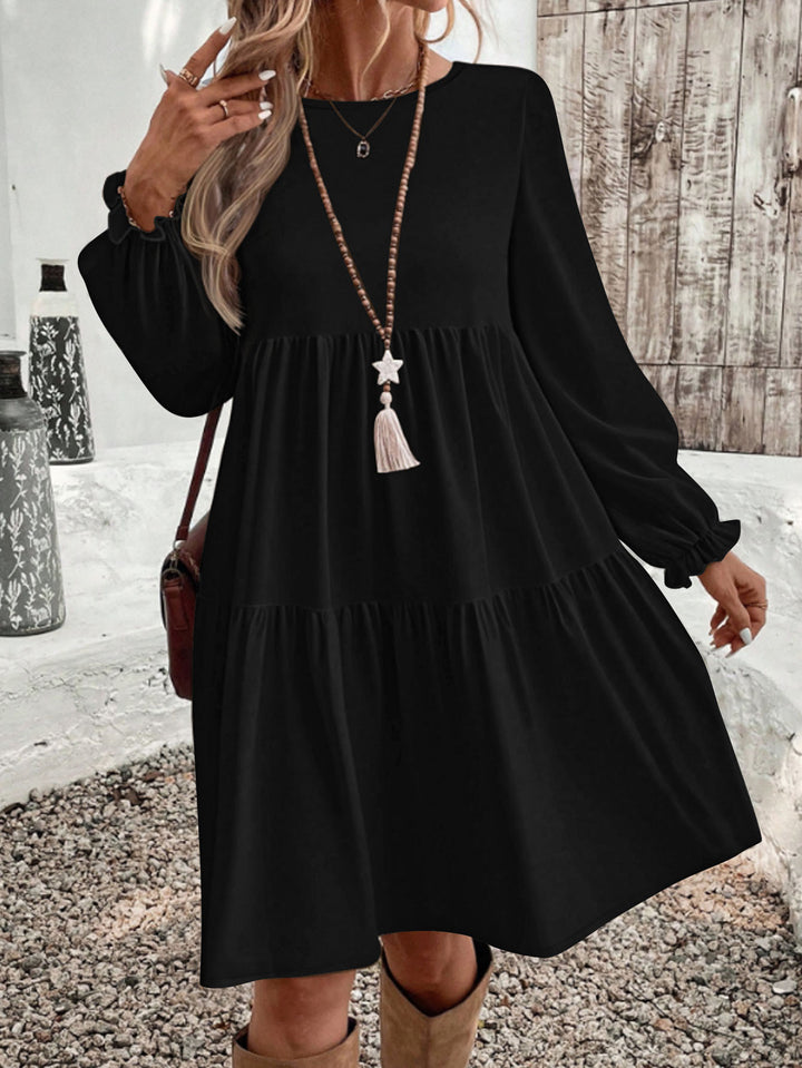 Damen Stufiges Babydoll‑Kleid mit langen Ballonärmeln und Rüschenbündchen Drune