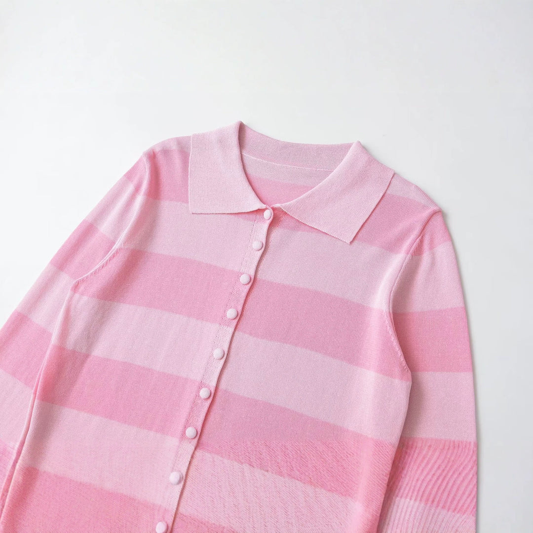 Damen Leichte gestreifte Strickjacke mit Polokragen und Knopfleiste Drune