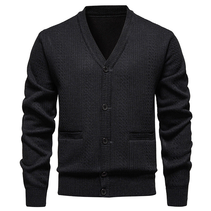 Herren Texturierter V-Ausschnitt Strickcardigan mit Knopfleiste und Eingrifftaschen Drune