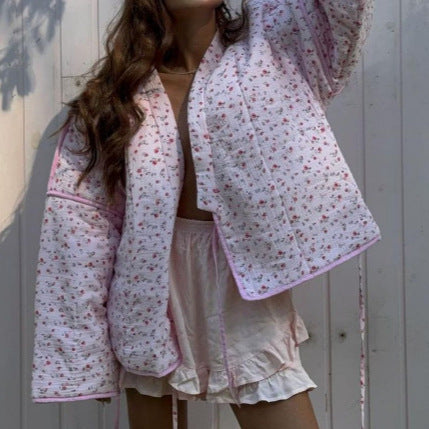 Damen Gepolsterte Kurz-Steppjacke mit floralem Micro-Print, Kontrastpaspel & Boxy-Silhouette Drune