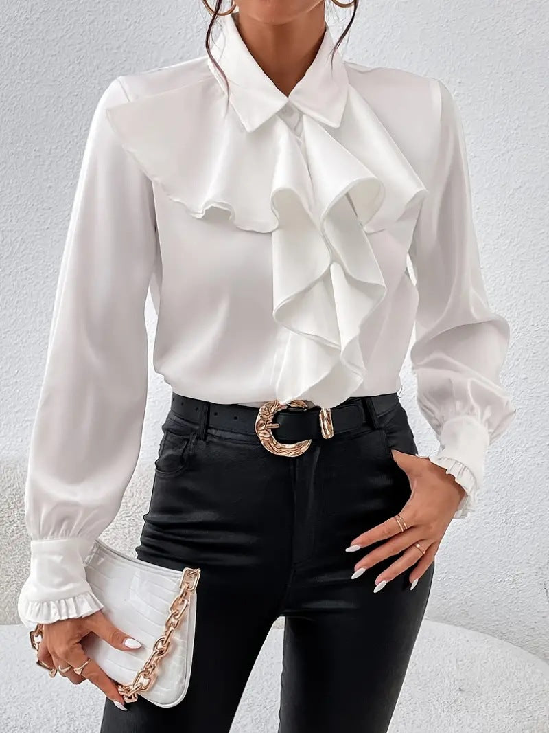 Damen elegante Rüschenbluse mit langem Arm und femininer Silhouette Drune