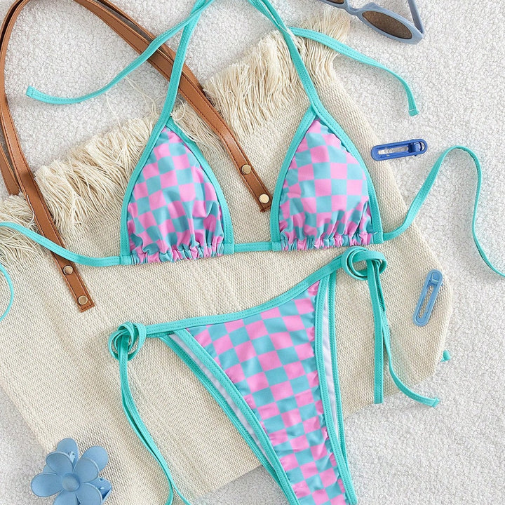 Damen Triangel-Bikini mit Karomuster und raffinierten Bindebändern Drune