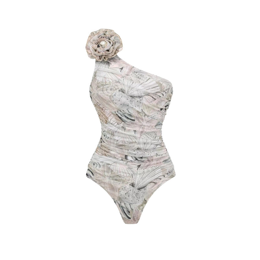 Damen Einseitiger Badeanzug mit floraler Applikation Drune