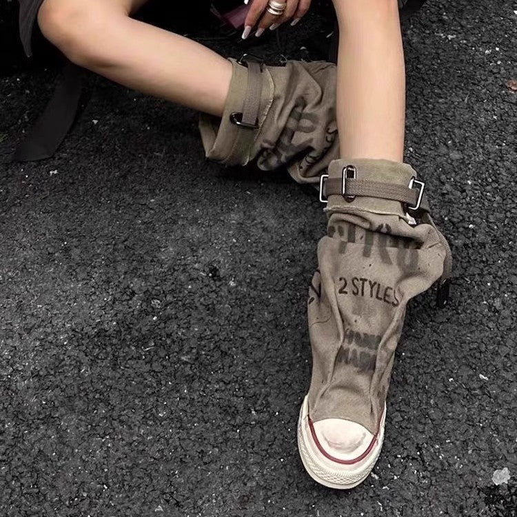 Damen Lässige Hightop-Canvas-Sneaker mit verstellbaren Riemen und Used-Look Drune