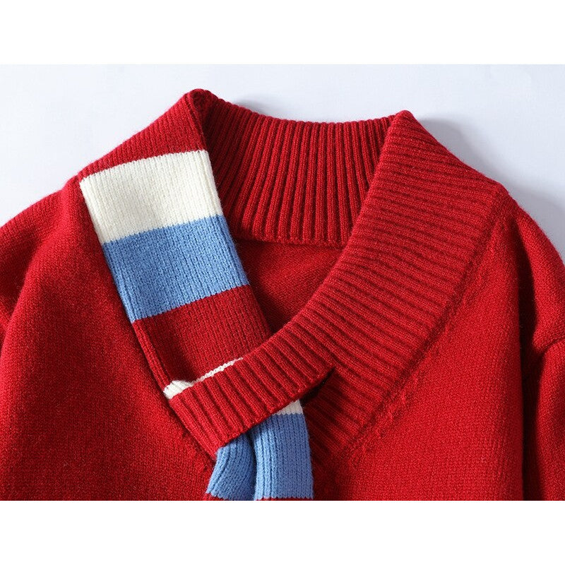 Herren V-Ausschnitt Strickpullover mit integriertem Kontraststreifen-Schal und gerippten Bündchen Drune