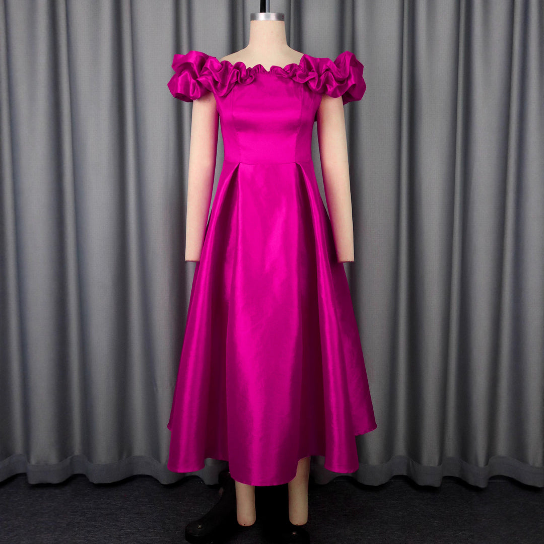 Damen Midi-Party Kleid mit schulterfreiem Design und voluminösen Rüschen Drune