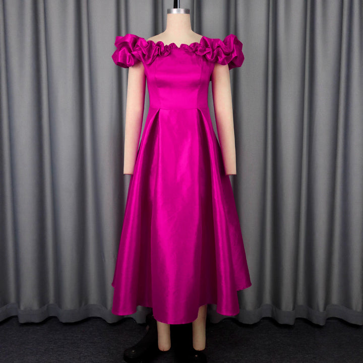 Damen Midi-Party Kleid mit schulterfreiem Design und voluminösen Rüschen Drune